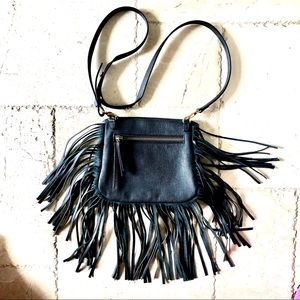 Festival Black fringe cross body leather bag NWOT
